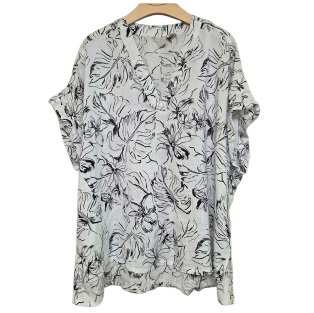 Joie Linen V-Neck Floral Leaf Print Short Sleeve Top Sz 2X Beachy Casual Coastal